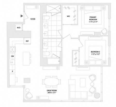 Floor plan for 2 beds, 2 baths, 1257 sqft